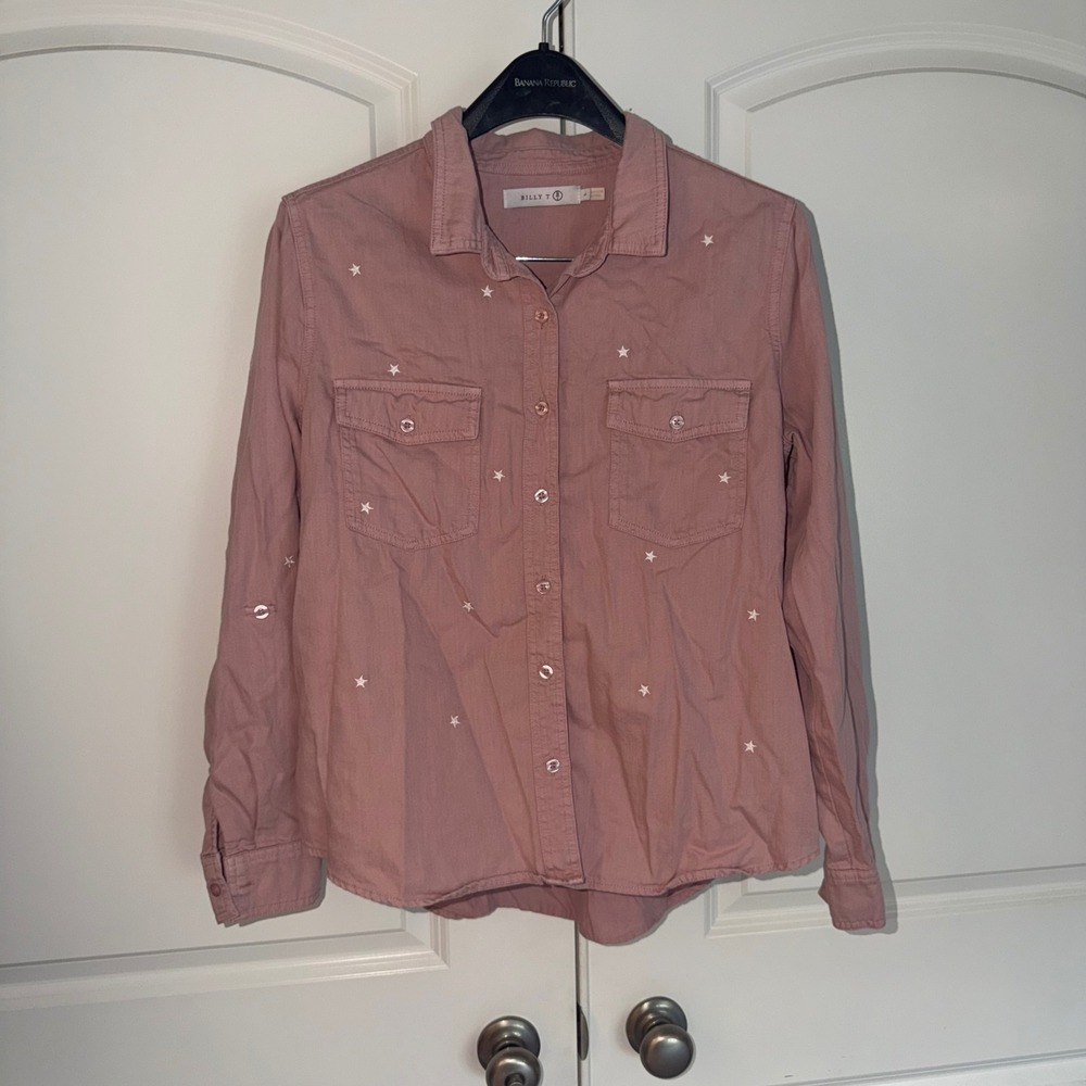 Billy T Women Pink Star Embroidered Button Down Shirt Lyocell Blend Large